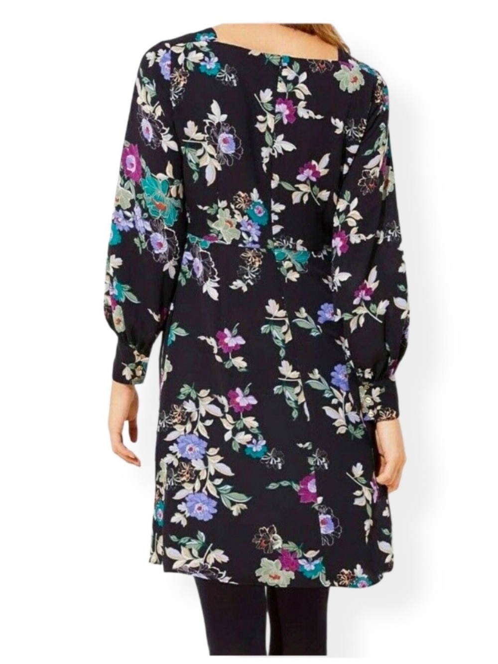 LOFT Black Floral Long-Sleeve plus size Shift midi Dress - Picture 2 of 6
